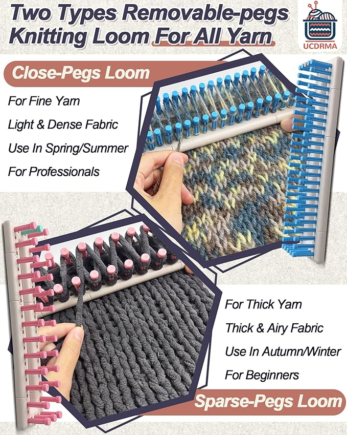 UCDRMA Upgraded Large Adjustable Loom Knitting Kit with Removable-pegs, Up to 132 Sizes & Shapes Weaving Knitting Loom for Blankets/Scarves/Hats, Beginners Infinity Crochet Loom Kit with Instructions