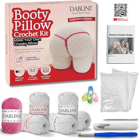 Dabline Crochet Pillow Kit for Beginners – Easy DIY Crochet Starter Kit with Pre-Started Yarn & Step-by-Step Video Tutorials – Learn to Crochet Kit Gift for Women & Men
