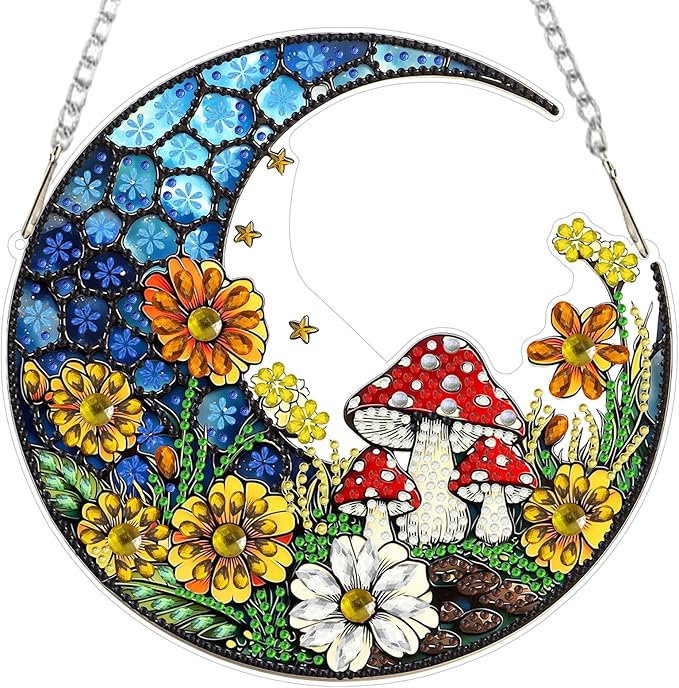 MXJSUA Flower Mushroom Diamond Painting Art Window Suncatchers, Diamond Art Kits for Adults Hanging Ornaments with Chain, 5D Special Shape Crystal Diamond Pendant Accessories for Decor Gift 8x8 Inch