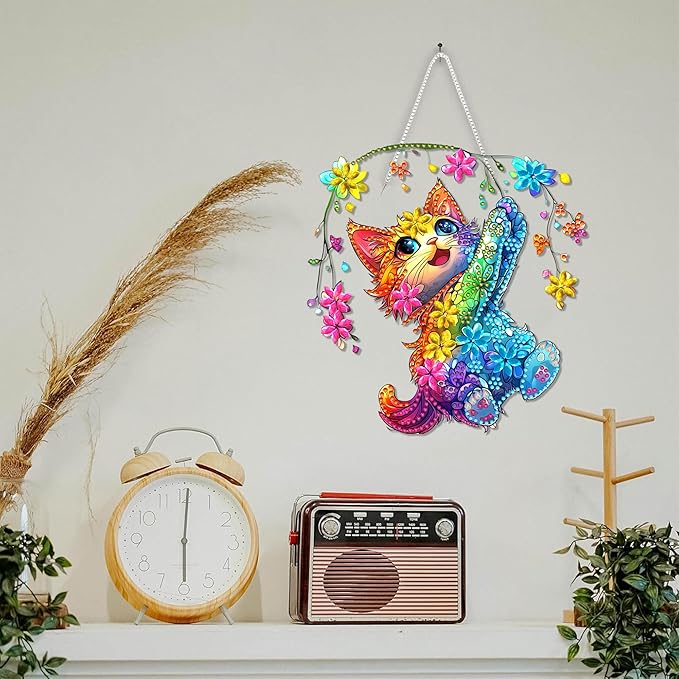 SKRYUIE Cat Hanging Diamond Art Kits for Adults Pendant Suncatcher, Special Shaped Crystal DIY Pearl Diamond Painting Kit, Gift for Mother Spring Summer Window Wreath Decor 7.72 x 7.37 Inch A23