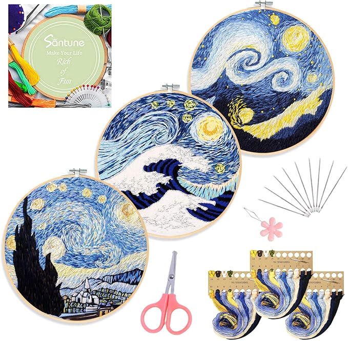 Santune 3 Sets Embroidery Cross Stitch Kits with Instructions,Needlepoint Kit with 3 Stamped Clothes,1 Hoop and 6 Needles,Mothers Day Gifts
