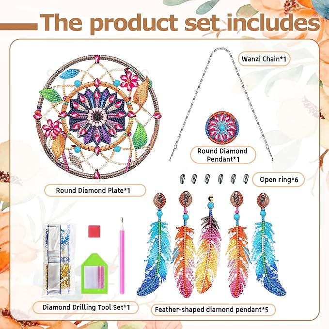 Diamond Dream Catchers Kit, Hanging Diamond Art, DIY Kit for Home Wall & Window Decor, Handmade Craft for Room Decoration (Nature)