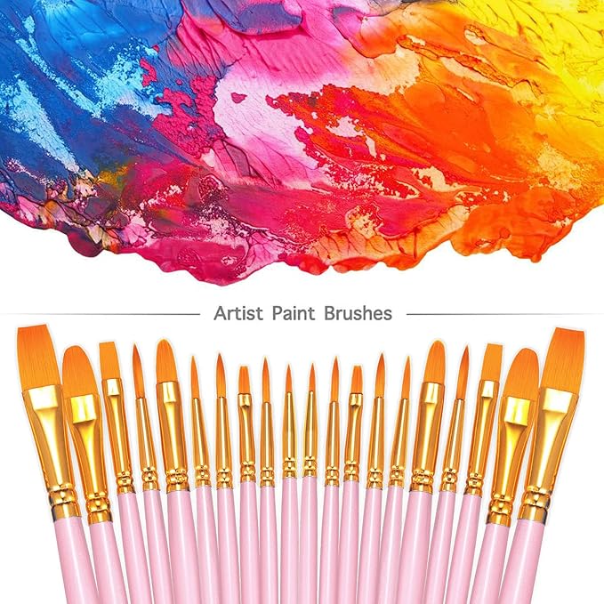BOSOBO Paint Brushes Set, 6 Pack 60 Pcs Round Pointed Tip Paintbrushes Nylon Hair Artist Acrylic Paint Brushes for Acrylic Oil Watercolor, Face Nail Art, Miniature Detailing & Rock Painting, Pink