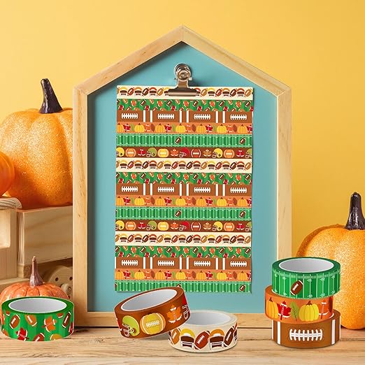 12 Rolls Fall Football Washi Tape Autumn Pumpkin Rugby Decorative Masking Tape Set Thanksgiving Wrapping Paper Tapes for Scrapbook Journal DIY Art Crafts