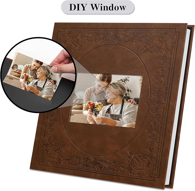 Vienrose Self Adhesive Faux Leather Photo Album with Window DIY Scrapbook Kit for 4x6 5x7 8x10 Pictures, Memory Book for Baby Kids Wedding Journal School Polaroid, 30 Sheets(60 Pages) Red Brown