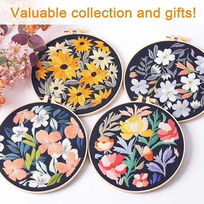 reewisly 4pcs of embroidery starter kit with patterns and instructions, diy beginner adult cross stitch kits, including 2 plastic embroidery rings, 1 scissors, colored threads and needles
