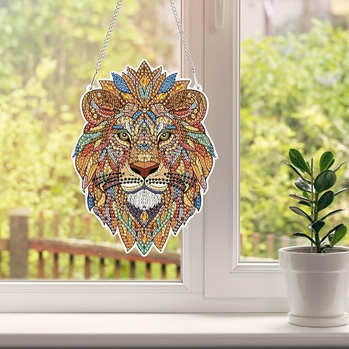 HEIBAGO Lion Hanging Diamond Art Kits for Adults, Special Shaped Crystal Diamond Painting Ornament Kit, DIY Double-Sided Pattern Window Pendant Gem Art Kit for Home Wall Decor 8.3x8.3inch