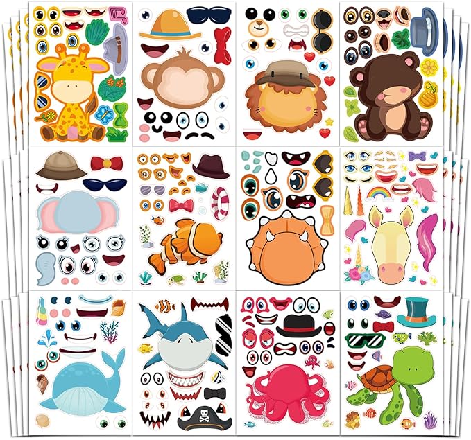 aowplc 48 sheets make-a-face animal stickers mix and match for kids party favors supplies activities crafts