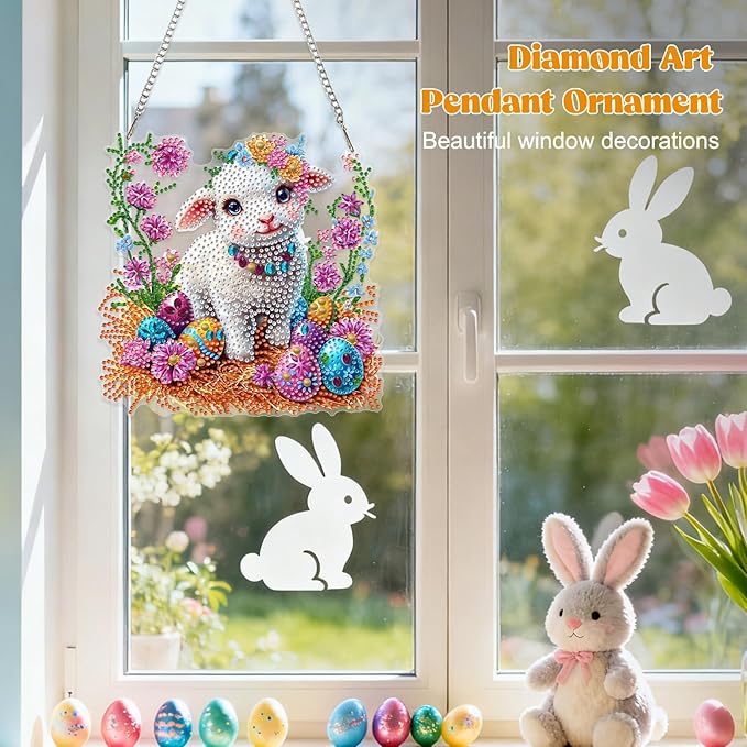 RICUVED Easter Diamond Art Hanging Kit for Adult, Sheep Special Shaped Diamond Painting Pendant Board Kit, Egg 5D Art Suncatchers Double Sided Hanging Window Ornament for Home Garden Decor