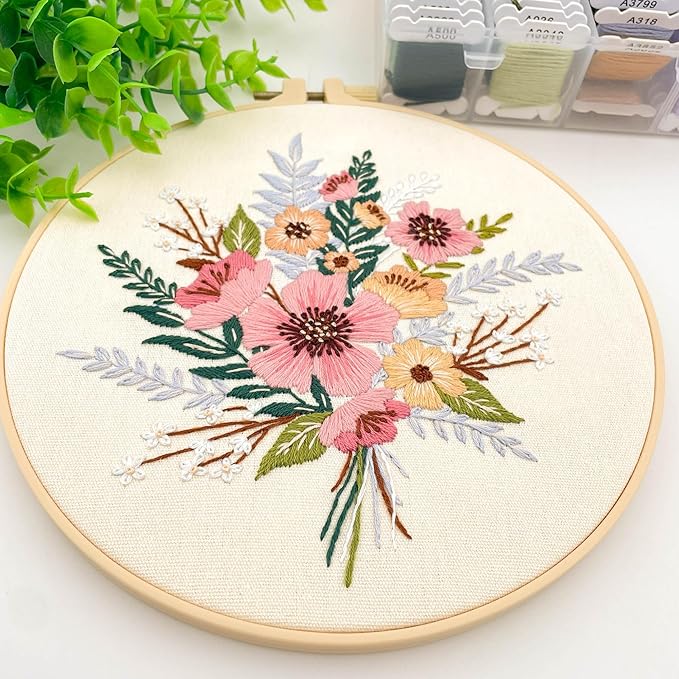 Silentsea Embroidery Kit, Floral and Nature Designs, 3-Pack with Hoops, Needlework Pattern Set (Flower)