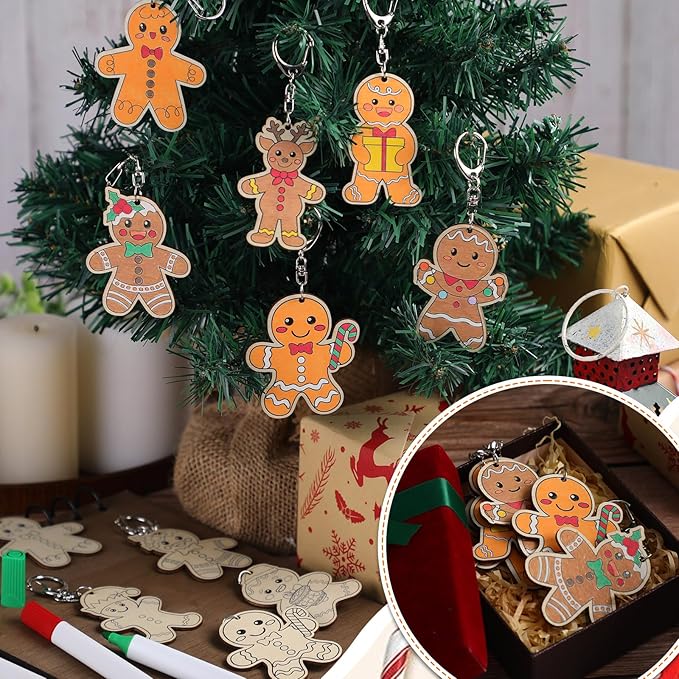Trnayi 36 Pcs Gingerbread Man Craft Unfinished Wooden Keychains Color Your Own Gingerbread Man Ornament to Paint Blank Wood Painting DIY Crafts for Christmas Party Home Activities Arts Project Decor