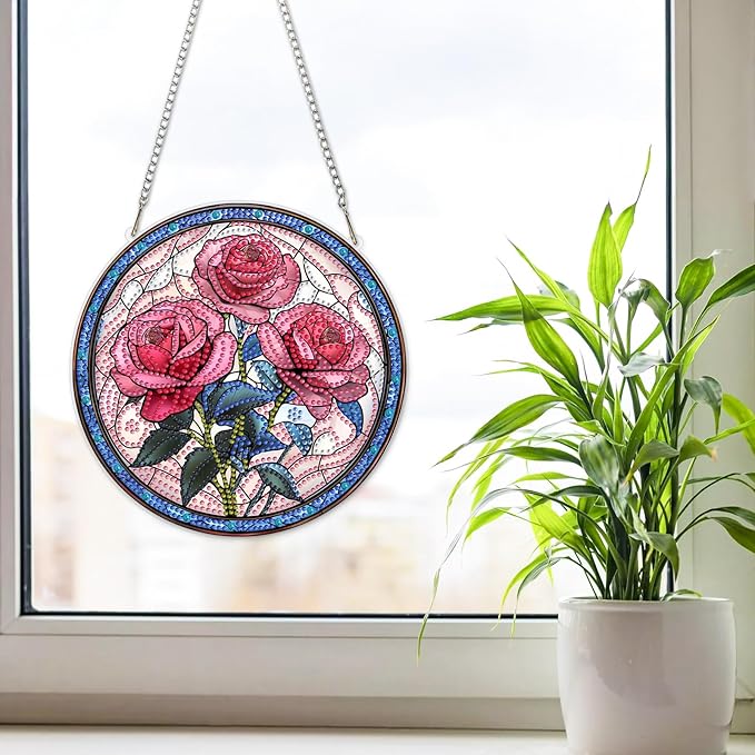 NAIMOER Diamond Art Hanging Kits for Adults Rose 5D Special Shaped Rhinestone, DIY Acrylic Diamond Art Painting Window Pendants Home Garden Wall Hanging Ornament Kits, Double Sided