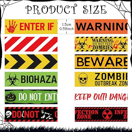 12 Rolls Halloween Washi Tapes, 15 mm Wide Halloween Zombie Caution Creepy Scary Hazard Warning Paper Tape, Horror Decorative Tapes for Scrapbooks, Journals, Haunted House Party Supplies