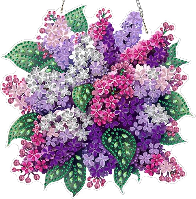 MXJSUA Lilac Flowers Diamond Art Hanging Kits for Adults Beginners, DIY Acrylic Special Shaped Crystal Diamond Gem Drills Pendant Art Painting Ornament for Home Wall Decor Gift 8x8 inch