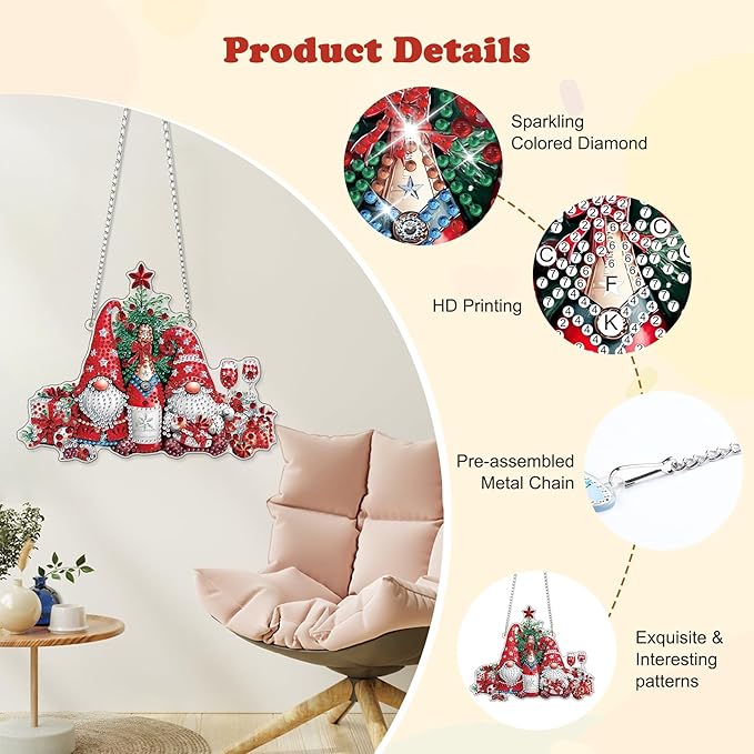 HEIBAGO Gnome Diamond Art Hanging Kits for Adults Kids, 5D Special Shaped Crystal Diamond Painting Kit, DIY Pattern Window Pendant Gem Art Kit for Home Wall Decor 8.3 x 8.3 Inch