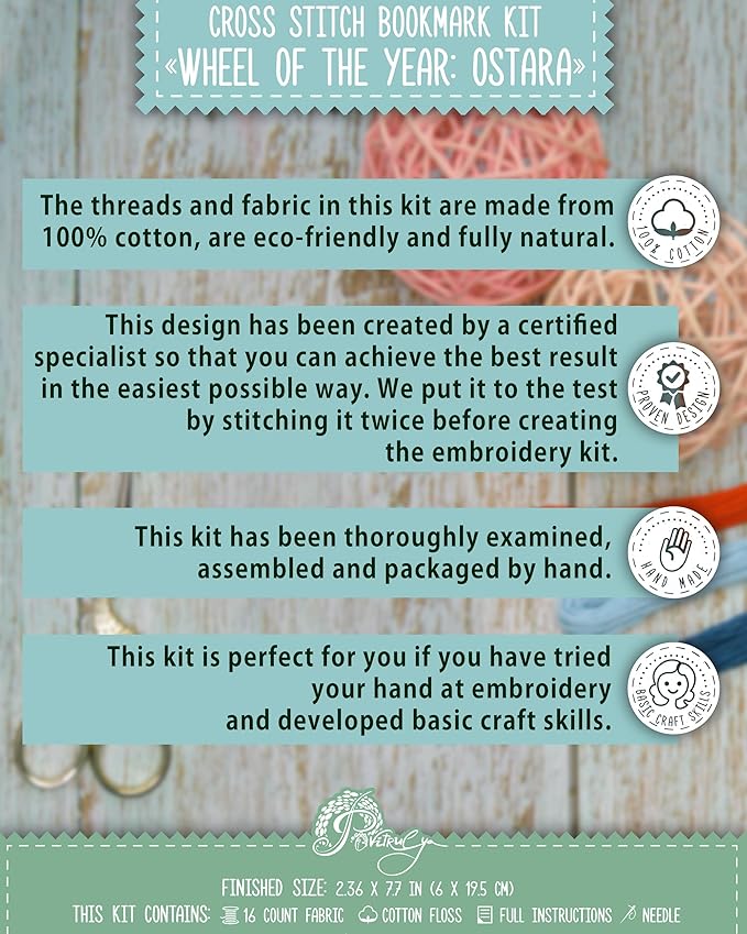 Povitrulya Cross Stitch Bookmark Kit Wheel of The Year: Ostara – Counted DIY Embroidery Set for Adults & Beginners, Bunny Easter Spring Equinox Pagan Wiccan Floral Gift