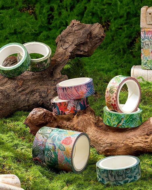 YUBX Plants Washi Tape Set in Painting Style 10 Rolls Tropical Rainforest Drawing Masking Animals Graphic Decorative Tapes for Arts, DIY Crafts, Journals, Planners, Scrapbook, Wrapping