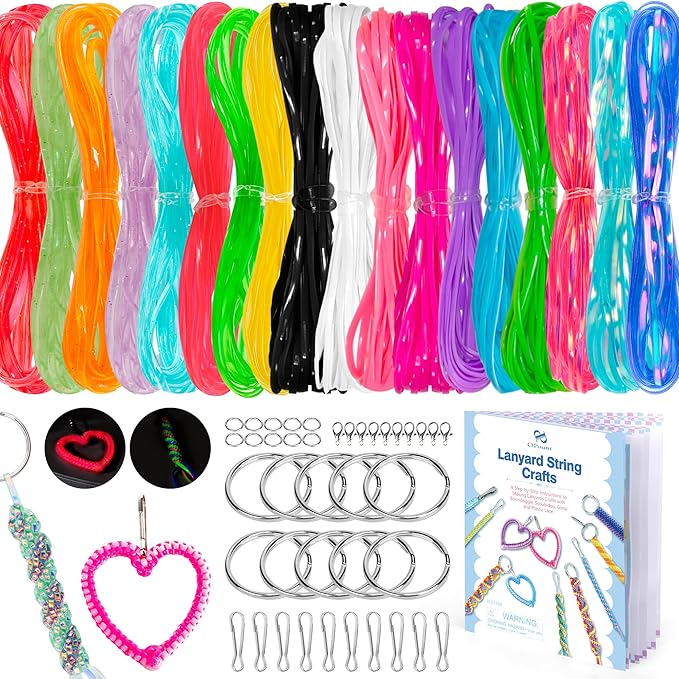 PP OPOUNT 4-Style Lanyard String for DIY Adult Friendship Bracelets Keychains Lanyard, 18 Solid/Glitter/Laser/Glow in Dark Gimp String with Accessories & Instruction, Boondoggle for Adult Summer Camp