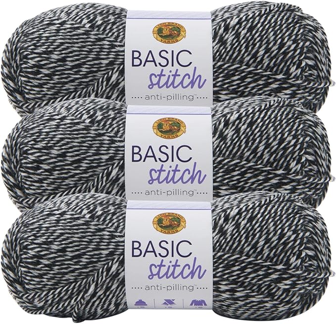 Lion Brand Yarn Basic Stitch Anti-Pilling Yarn for Crocheting, Knitting, and Crafts, Black/White, 3 Pack