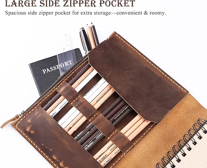 Leather Sketchbook Cover for A5/5.5"x8.5" sketch pads - Handmade Genuine Leather Artist Case with Pencil Holder & Zipper Pocket, Professional Drawing Supplies (Brown, 5.5"x8.5")
