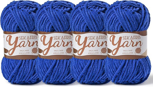 4 Pack Fluffy Velvet Yarn for Crocheting，Baby Blanket Yarn for Crocheting Soft，200g(262.4yds) Amigurumi Yarns，Plush Chenille Crochet Yarns，Puzzle Yarn for Crochet Weaving Craft(4 Sapphire Blue)