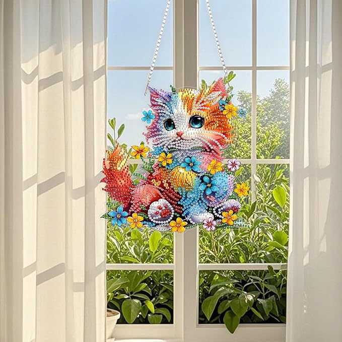 TOSTOG Pretty Cat Flower Diamond Art Pendant Kits for Adult, Cute Diamond Painting Hanging Kit for Beginners, 5D DIY Crafts Gem Art, Waterproof Full Accessories for Home Decor Idea 20 * 20 cm/8 * 8 in