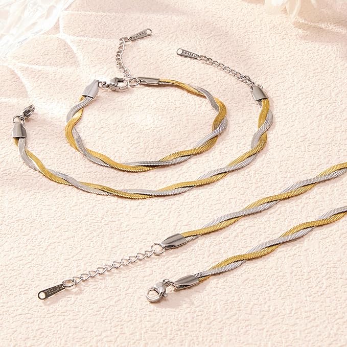 KYUNHOO 6.7 Inches Gold and Silver Twisted Bracelet Chain Set 10 PCS Stainless Steel Herringbone Snake Chains for Bracelets Making with Lobster Clasps and Adjustable Extender