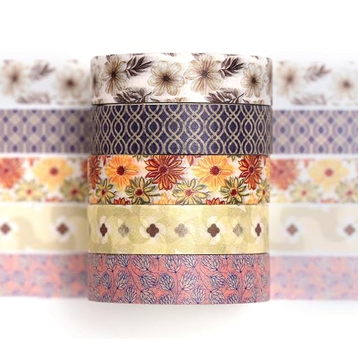 Fantasy Washi Tape Set - 5 Rolls Texture Arts Adhesive Tapes Basic Patterns Decorative Masking Tape Sets for Craft, Kids, Scrapbook, DIY, Gift Wrapping (9-Vintage Garden)