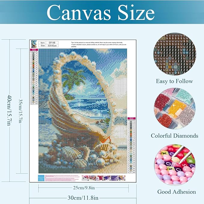 Gemozaic Beach Diamond Painting Kits for Adults, Seaside Shell Diamond Art Kits for Adults, Beach Gem Painting Kit for Gift Home Wall Decor, 12x16 Inch