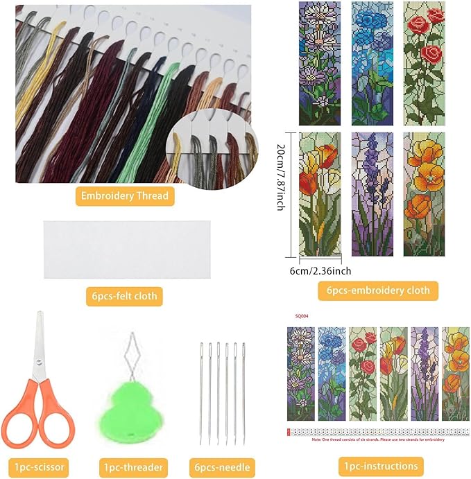 NEGEKFKX 6 Pcs Cross Stitch Bookmark Kit for Adult Beginners,Broken Glass Flowers Cross Stitch Kits 14 CT DIY Cross Stitch Kits Adult Stamped Bookmark Embroidery Bookmarks Kit