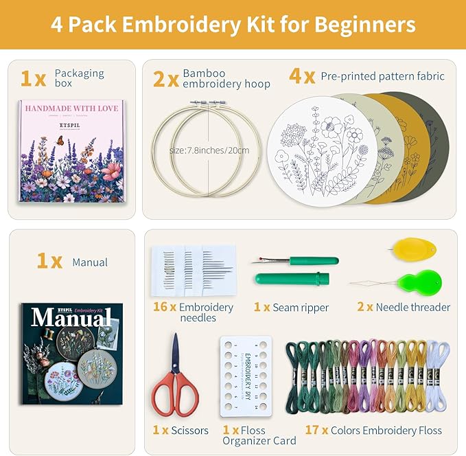 ETSPIL Embroidery Kit for Adults & Teens, 4-Pack Floral Samplers, 2 Adjustable Hoops, Pre-Printed Fabric, 17 Vibrant Threads, 16 Needles, Beginner-Friendly Stitch Guide & Video, DIY Craft Gift
