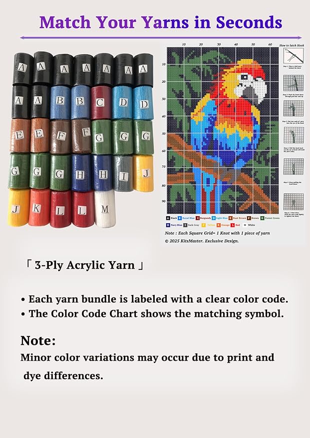 KitsMaster Tropical Parrot Paradise Latch Hook Kit, Bright Macaw Rug Craft for Adults & Beginners, Wall Hanging Craft Kit with Pre-Printed Canvas, Color-Coded Yarn, 23.6''x15.8'' (Tropical Parrot)