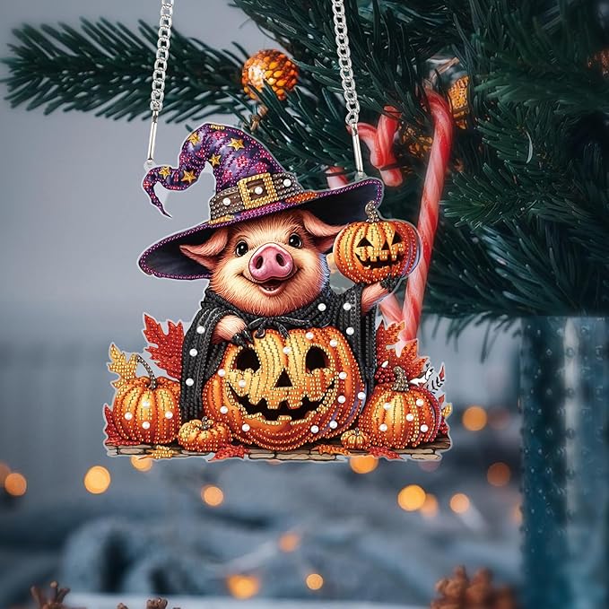 Diamond Art Painting Pendant Kits 5D Diamond Painting Art Hanging Kit Halloween Pumpkin Pig DIY Diamond Crystal Window Door Pendant Kit for Adults Gift Wall Home Halloween Decor (24.1x23.4cm)