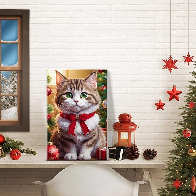 JOOZ Paint by Numbers Kit for Adults with Frame Christmas Cat Paint by Number with Easel Christmas Ball Adult Paint by Number Kits Framed DIY Oil Painting Kits for Gift Home Wall Decor 8x12 Inch
