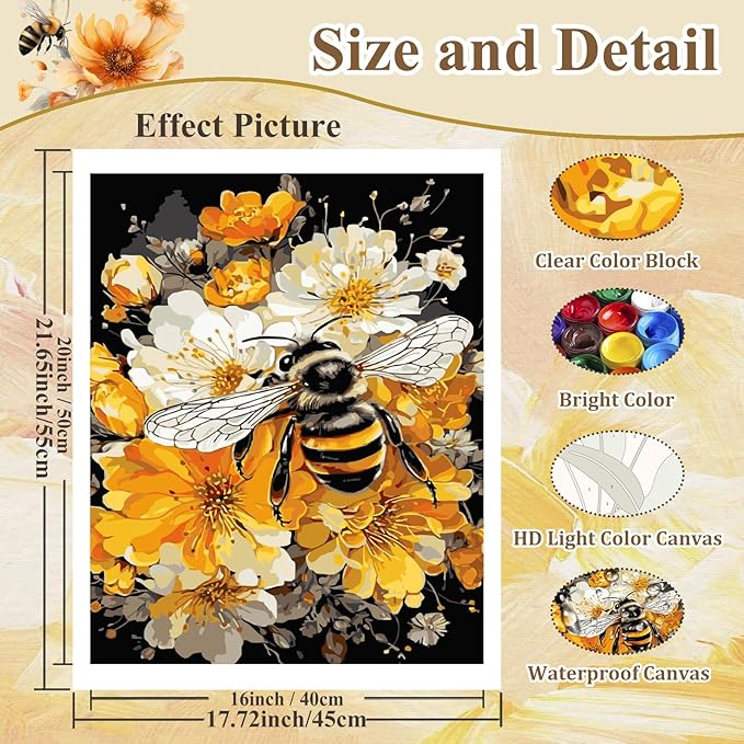 HMZephitiquc Bee Paint by Numbers Kit for Adults Beginners, Adult Paint by Number Kits on Canvas Bee, Easy DIY Craft Painting by Numbers Home Wall Decor 16x20 in