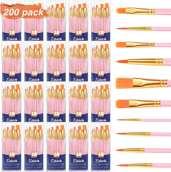 ESRICH Acrylic Paint Brushes Set, 20 Packs / 200 Pcs Nylon Hair Paint Brushes,Paint Brush Set Suitable for Oil, Watercolor,Rock Body Face Art, Adult Perfect Art Painting Craft Paint Brush Kits.