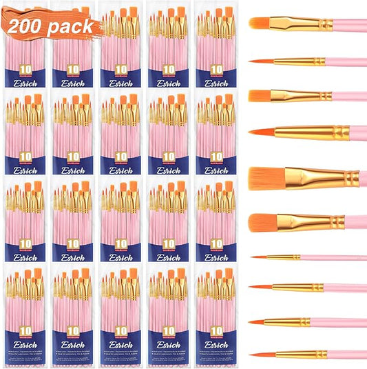 ESRICH Acrylic Paint Brushes Set, 20 Packs / 200 Pcs Nylon Hair Paint Brushes,Paint Brush Set Suitable for Oil, Watercolor,Rock Body Face Art, Adult Perfect Art Painting Craft Paint Brush Kits.