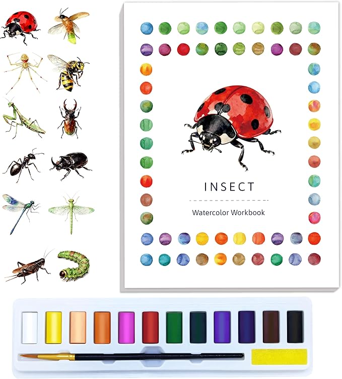 Watercolor Workbook Creative Insect Water color Paint Book Set with Paints & Brush, 12 Patterns of Original DIY Designs, Beginner-Friendly Adult Coloring Books (Insect)