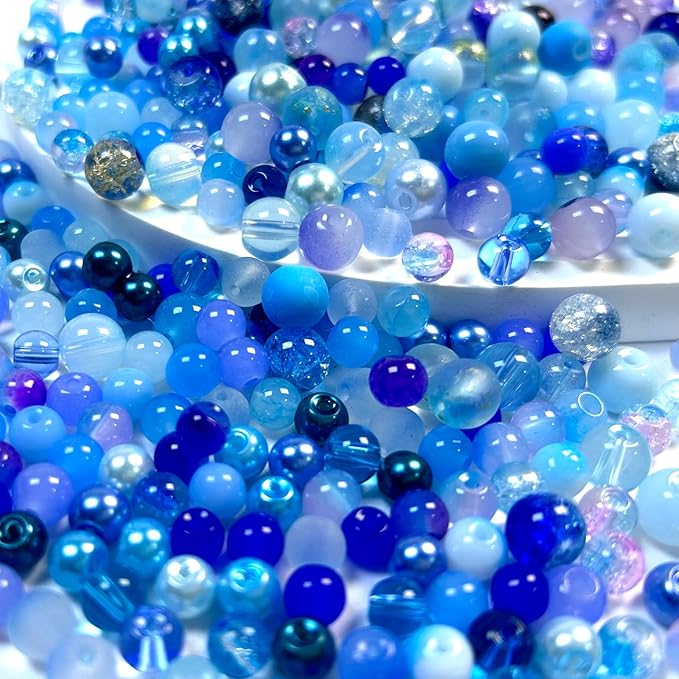 450pcs Glass Beads for Jewelry Making, 6/8mm Assorted Crystal Loose Beads, Blue Series Round Spacer Bead Kit for Bracelet Necklace DIY Craft