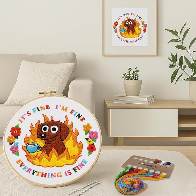 Nuberlic Cute Dog Embroidery Kits for Beginner Adults Cross Stitch Kit with Funny Animal Pattern Include Cloth Hoops Threads Needles