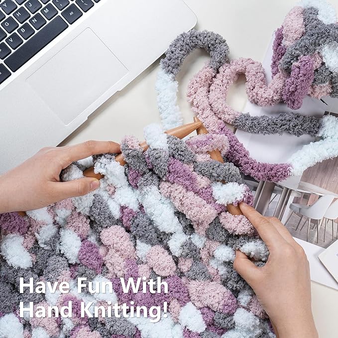 Chunky Yarn for Hand Knitting - #10 Chunky Chenille Blanket Yarn, Jumbo Big Thick Chunky Yarns for Crocheting, Tie Dye Bulky Knit Yarns, 8 Skein (25 yds 8 oz Each Skein), Purple & Grey & Sky