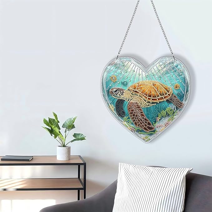 LOMSIOY Diamond Art Hanging Kit for Adult, Turtle Front Door Sign Window Decor for Outdoor, Animal Double Sided Summer Decor Suncatcers for Porch, Hanging Pendants for Garden Wall （8x8 Inch