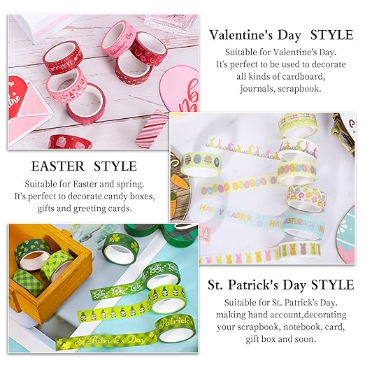 Whaline 24 Rolls Holiday Washi Tape Set St. Patrick's Day Shamrock Easter Egg Masking Tape 15mm Green Clover Happy Easter Valentines Decorative Paper Stickers for Scrapbook DIY Craft, 16.4 Ft