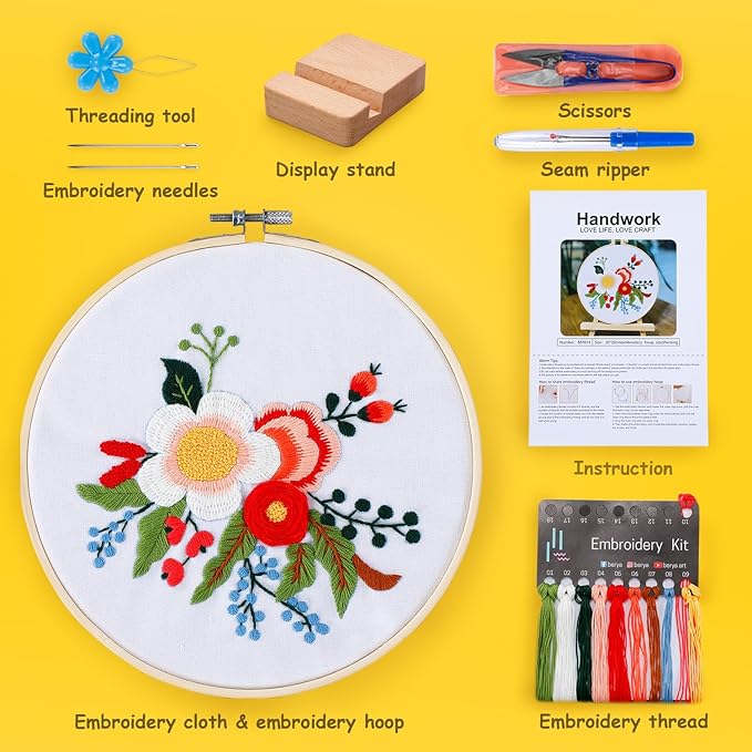 BERYA Embroidery Kit for Beginners, Flowers and Leaves Embroidery Practice Kit, Hand Floral Embroidery Starter Kit for Adults with Video Step by Step Instructions, Hoops, Threads and Needles (BEF014)