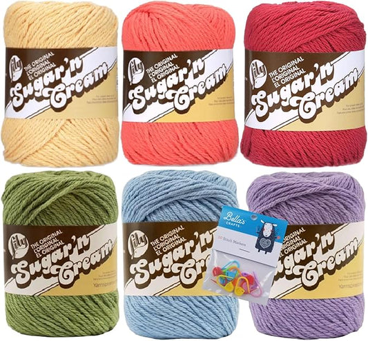 Lily Sugar'n Cream 100% Cotton Yarn 6-Pack Bundle with Bella's Crafts Stitch Markers (Spectrum)
