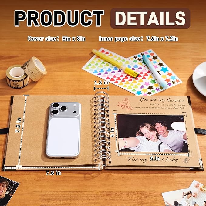 8x8 Scrapbook Album, 40 Pages Thick 250gsm Kraft Paper Photo Album with Metal Corner Protectors & 3D Interactive Elements, DIY Memory Book for Wedding, Anniversary, Baby & Family