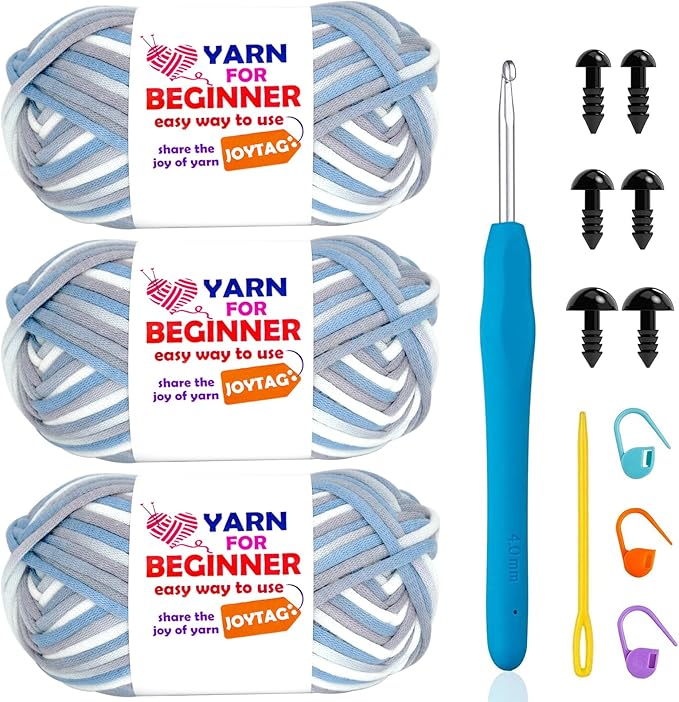 3 Pack Rainbow Beginner Crochet Yarn for Crocheting Knitting Multicolor Cotton Crochet Yarn for Beginners with Easy-to-See Stitches Cotton-Nylon Blend Easy Yarn for Beginners(Blue Grey)