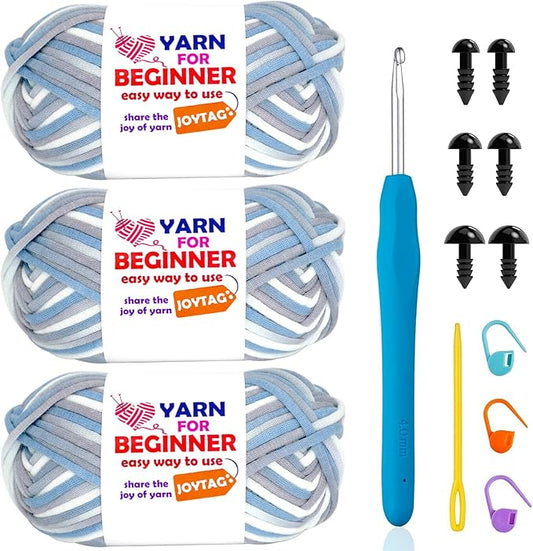 3 Pack Rainbow Beginner Crochet Yarn for Crocheting Knitting Multicolor Cotton Crochet Yarn for Beginners with Easy-to-See Stitches Cotton-Nylon Blend Easy Yarn for Beginners(Blue Grey)