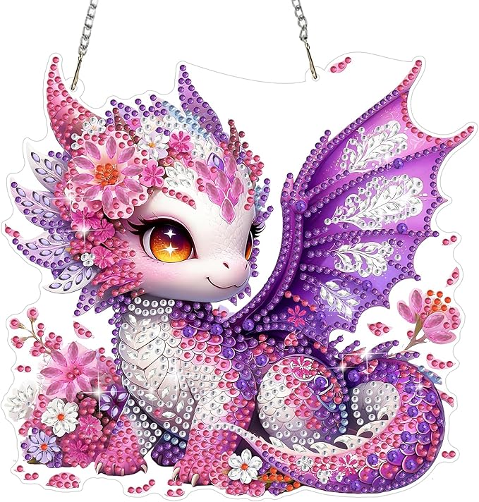 MEIYUDA Dragon Diamond Art Hanging Kits for Adult, Flowers Dragon Diamond Painting Hanging Kits Ornaments, DIY Special Shaped Rhinestone Window Pendants Kit for Home Garden Wall Decor Gift