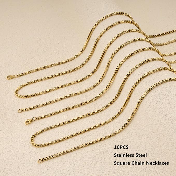 youbeiyee 10pcs gold plated stainless steel necklace chains bulk square rolo chain for jewelry making (16inch)